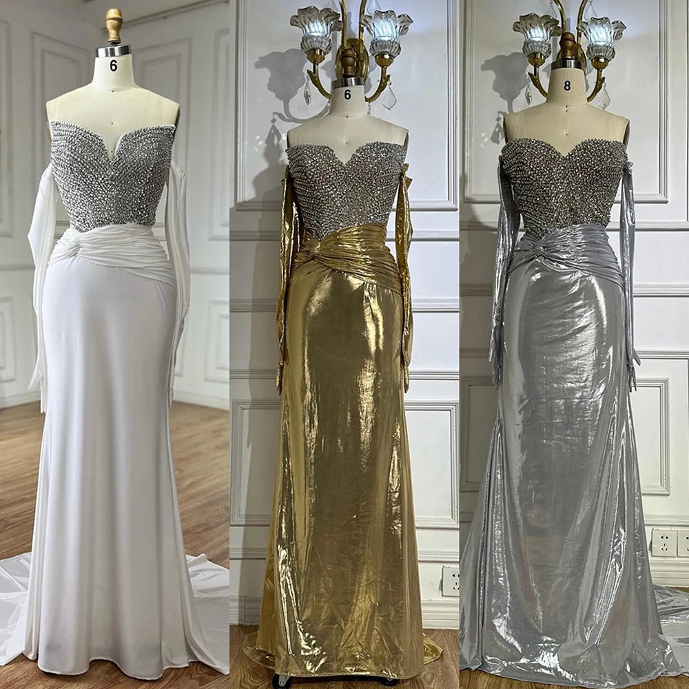 Luxury Dubai Elegant White Arabic Evening Gown with Crystal Beaded Dress and Gloves for Formal Occasion LA72758 - SERENE HILL