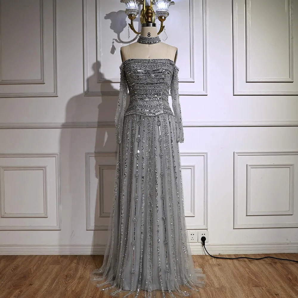 Luxury Caramel Off Shoulder Beaded Mermaid Evening Dress Long Sleeves LA73053 - SERENE HILL