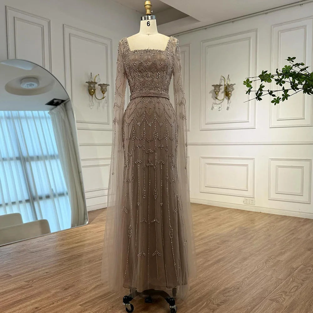 Luxury Arabic Caramel Beaded Evening Dress with Cape Sleeves LA72966A - SERENE HILL