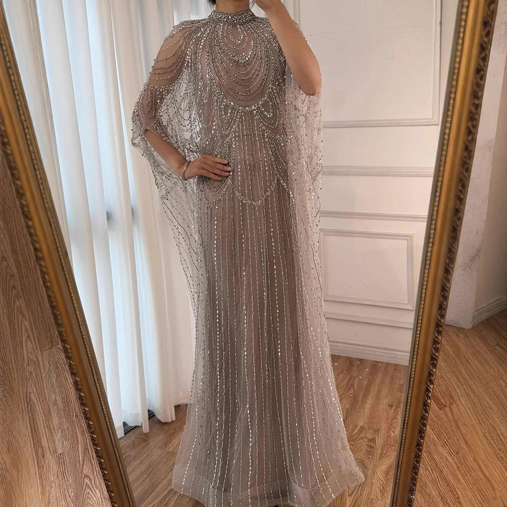 Luxury Silver Nude Beaded Mermaid Evening Dress with Cape LA72484A - SERENE HILL
