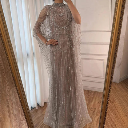 Luxury Silver Nude Beaded Mermaid Evening Dress with Cape LA72484A - SERENE HILL