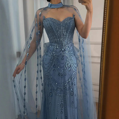 Luxury Blue Sequin Beaded Evening Dress with Cape Sleeves LA73108 - SERENE HILL