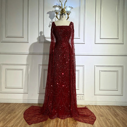 Luxury Turquoise Beaded Pearl Arabic Evening Dress with Cape Sleeves LA72590 - SERENE HILL