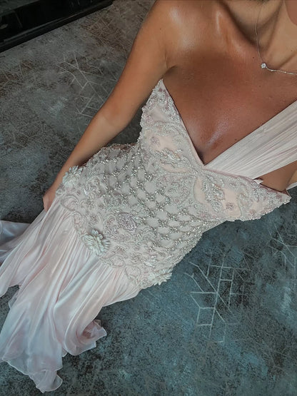 Luxury Pink Arabic Floral chiffon Evening Dress With Cape LA73451 - SERENE HILL