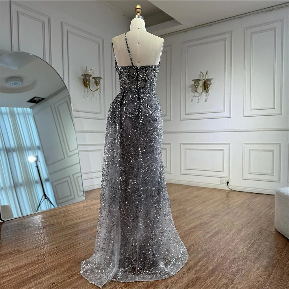 Luxury Silver Gray Crystal Beaded One Shoulder Evening Dress with Overskirt LA73160 - SERENE HILL