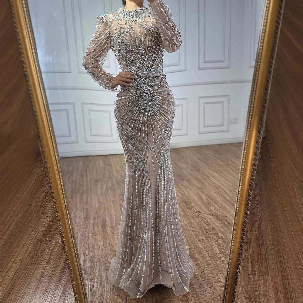 Modest Caramel High Collar Evening Dress for Wedding Guest LA73203 - SERENE HILL