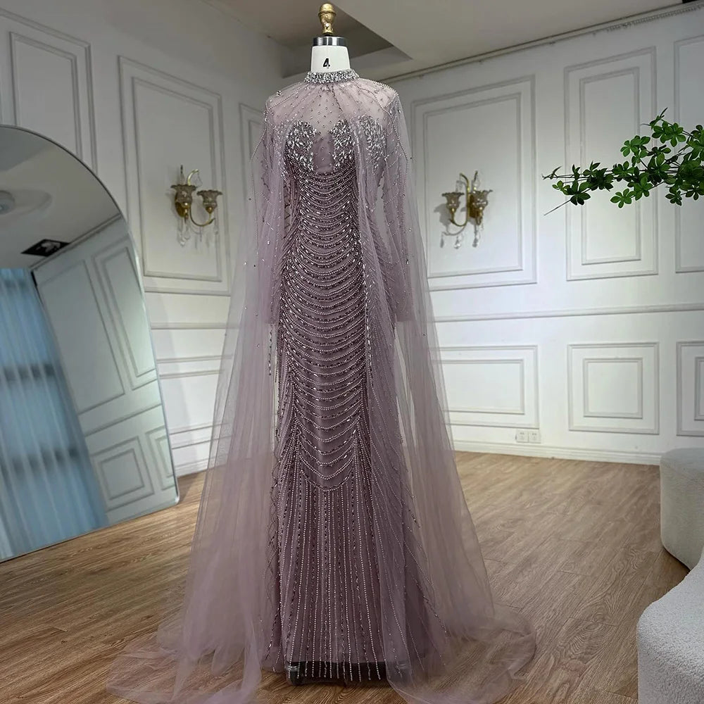 Luxury Pink Beaded Cape Sleeve Arabic Evening Dress LA73134 - SERENE HILL