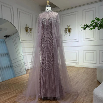 Luxury Pink Beaded Cape Sleeve Arabic Evening Dress LA73134 - SERENE HILL