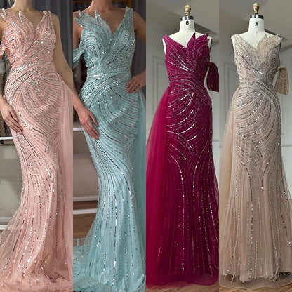 Luxury Dubai Arabic Pink Mermaid Elegant One Shoulder Beaded Long Evening Dresses Gowns for Formal Occasion LA72662A - SERENE HILL