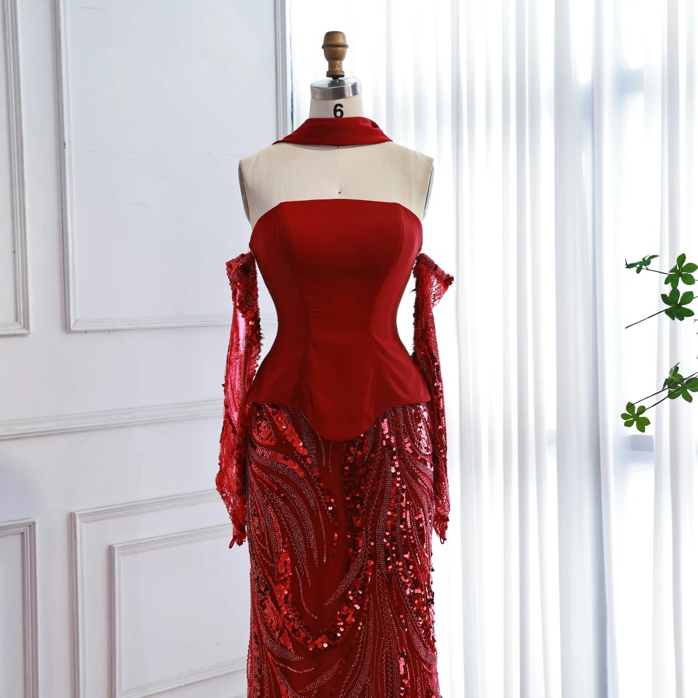 Luxury Wine Red Mermaid Evening Dress With Gloves LA73050E - SERENE HILL