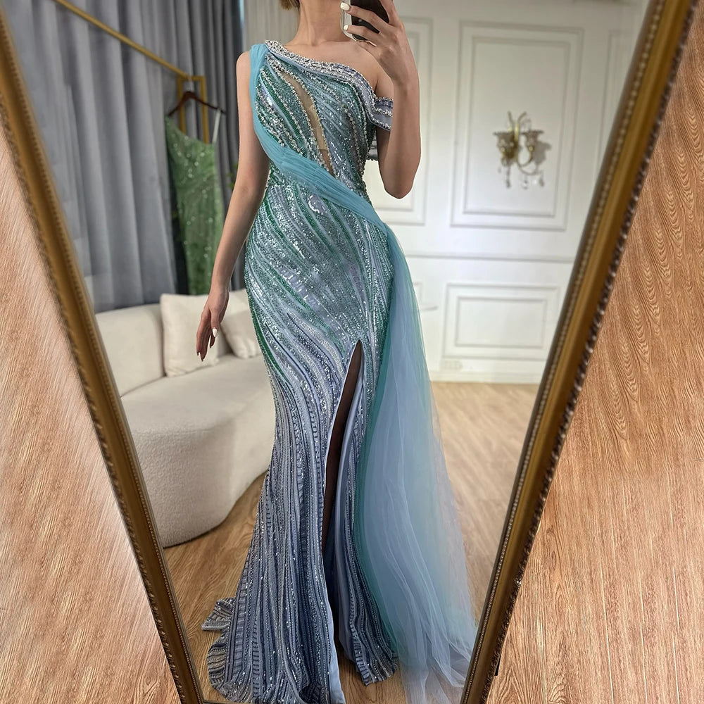 Luxury Dubai Arabic One-Shoulder High Split Blue Mermaid Gown Luxury Beaded Saudi Evening Dress for Formal Occasion LA72718 - SERENE HILL