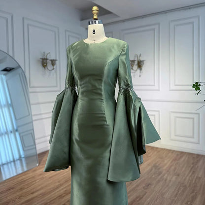 Luxury Sage Green Satin Evening Dress with Bell Sleeves 2025 LA73094 - SERENE HILL