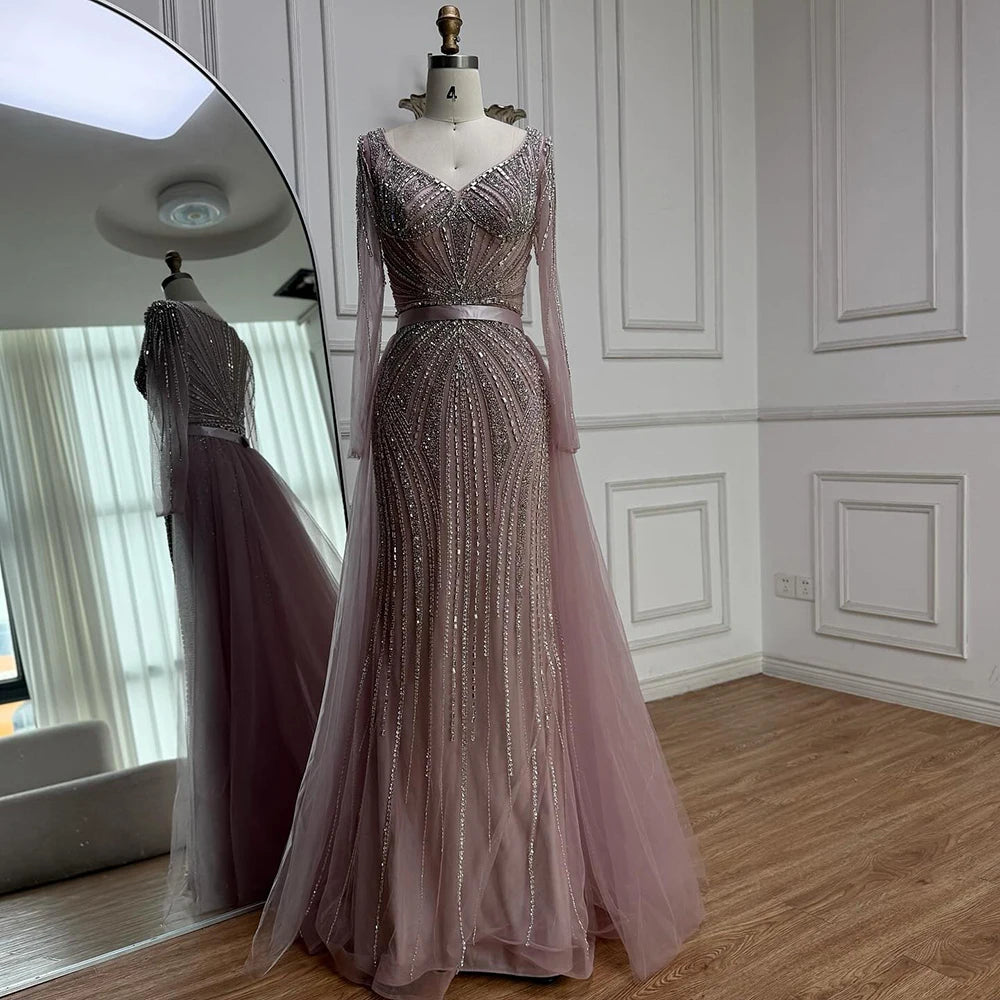 Luxury Nude Beaded Evening Dress with Detachable Overskirt LA73156 - SERENE HILL