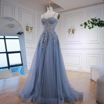 Luxury Gray Tulle A Line Prom Dress with Floral Appliques LA73015 - SERENE HILL
