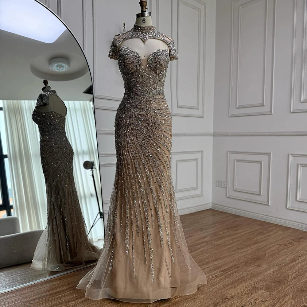 Nude Mermaid Evening Dress with Detachable Beaded High Neck LA73087 - SERENE HILL