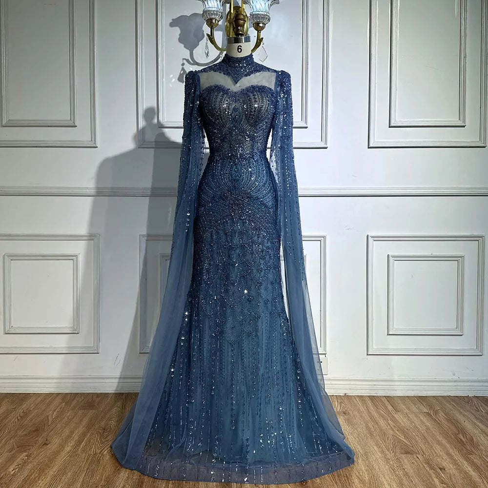 Luxury Modest Blue Mermaid Evening Dress with Cape LA73006 - SERENE HILL