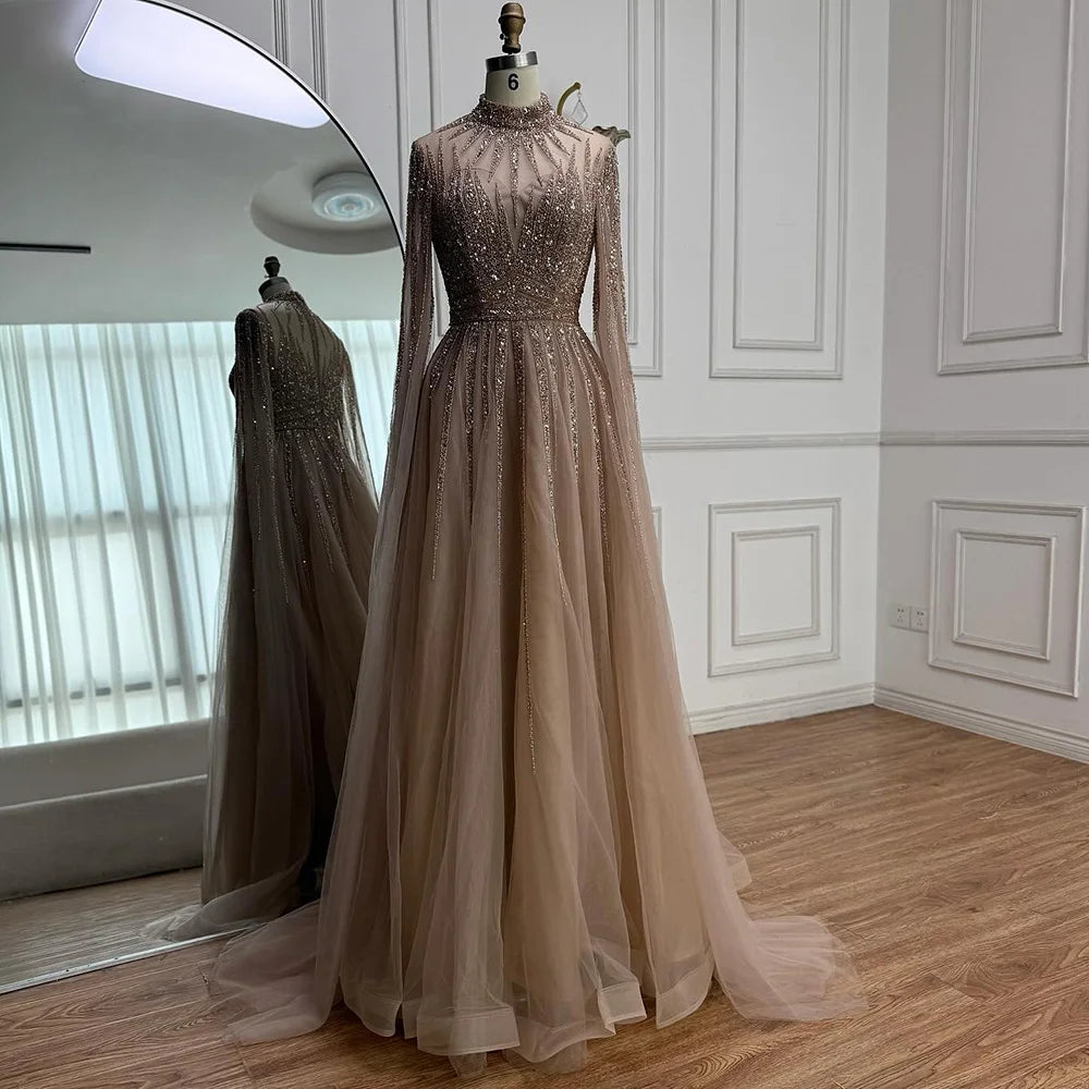 Luxury Arabic Turquoise A-Line Beaded Evening Dress with Cape LA72199 - SERENE HILL