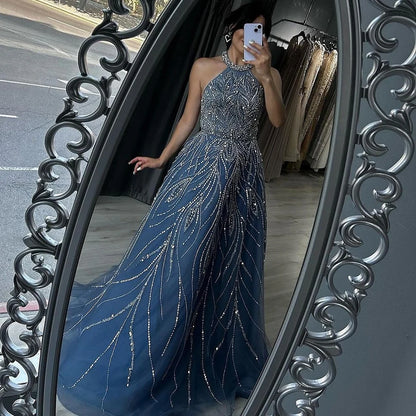 Serene Hill Elegant Blue Arabic A-line Halter Gown Luxury Dubai Evening Dress for Women Wedding Party 2025 LA72302 - SERENE HILL