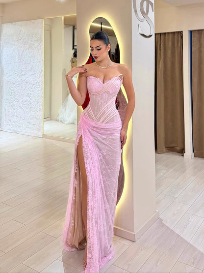Luxury Pink Saudi Arabic Lace Embroidery Evening Dress LA73373 - SERENE HILL