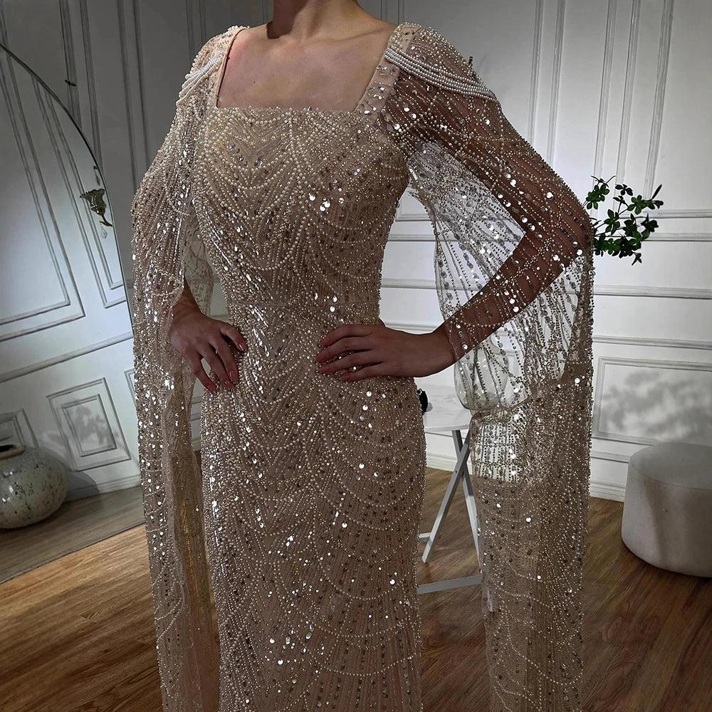 Luxury Turquoise Beaded Pearl Arabic Evening Dress with Cape Sleeves LA72590 - SERENE HILL