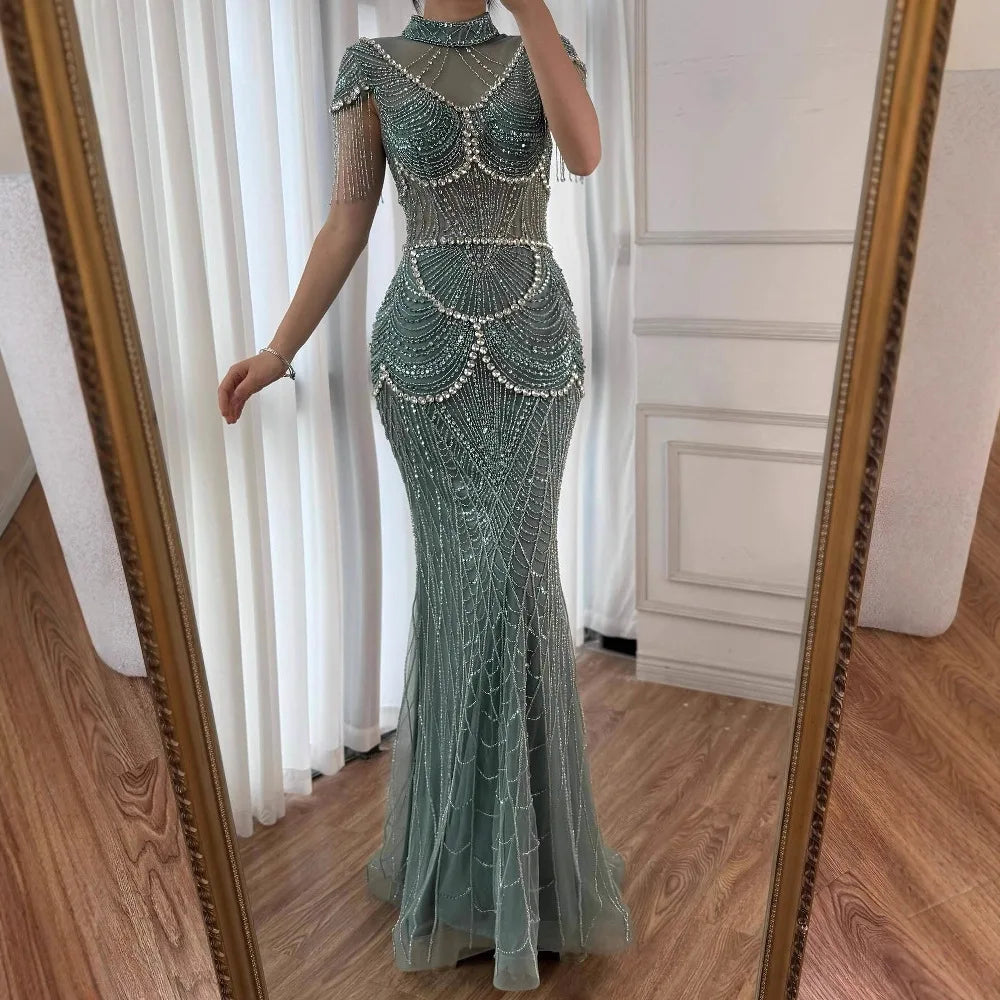 Luxury Turquoise High Neck Beaded Tassel Evening Dress for Women LA73112 - SERENE HILL