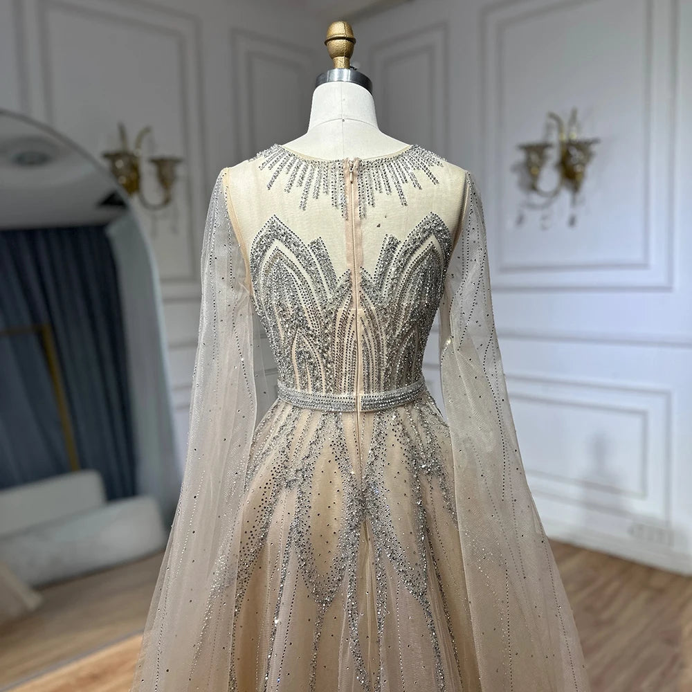 Luxury Dubai Nude Blue Elegant A-Line Beaded Long Arabic Evening Dresses Gowns with Cape Sleeves for Formal Occasion LA72785 - SERENE HILL