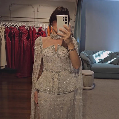 Luxury Silver Dubai Crystal Beaded Evening Dress with Cape LA73274 - SERENE HILL