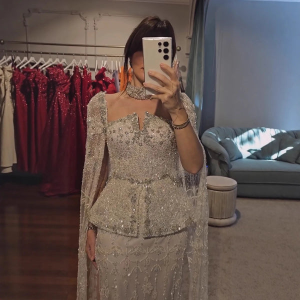 Luxury Silver Dubai Crystal Beaded Evening Dress with Cape LA73274