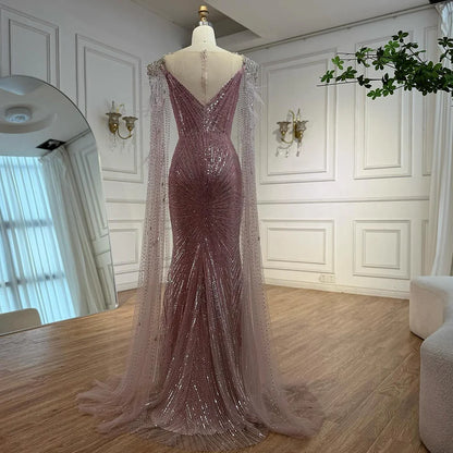 Luxury Pink Beaded Mermaid Evening Dress with Cape LA73106 - SERENE HILL