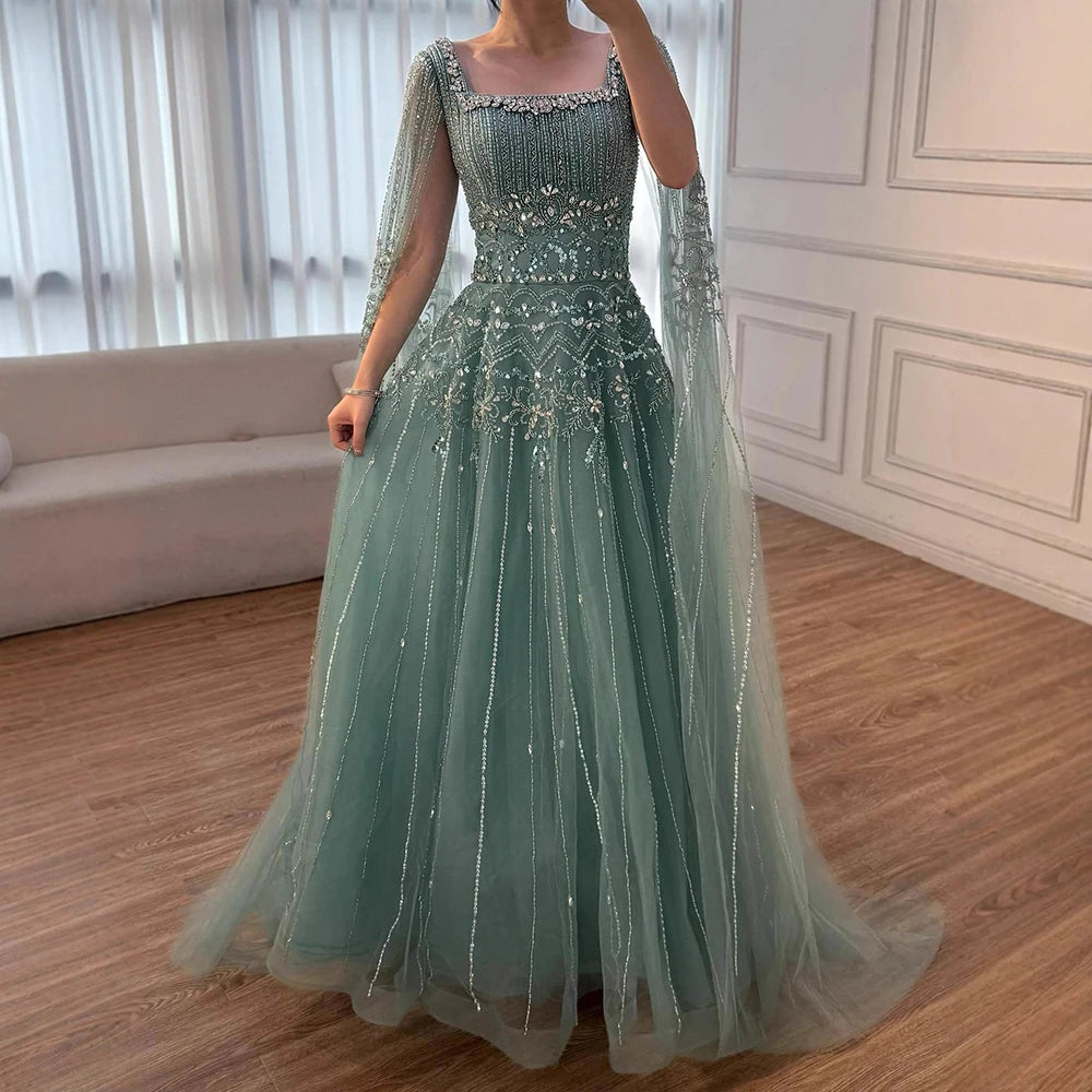 Luxury Caramel A-Line Beaded Evening Dress with Cape Sleeves LA73089A - SERENE HILL