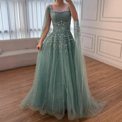 Luxury Caramel A-Line Beaded Evening Dress with Cape Sleeves LA73089A - SERENE HILL