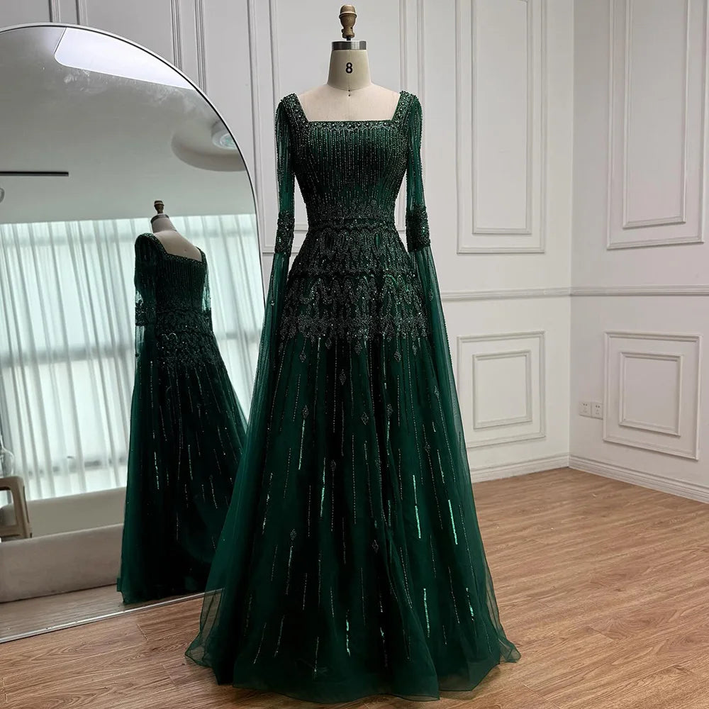 Luxury Green A-LineBeaded Evening Dress with Cape Sleeves LA73089 - SERENE HILL