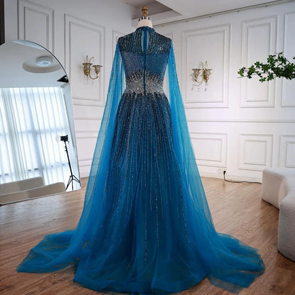 Luxury Modest Blue Beaded Evening Dress with Cape LA73059 - SERENE HILL