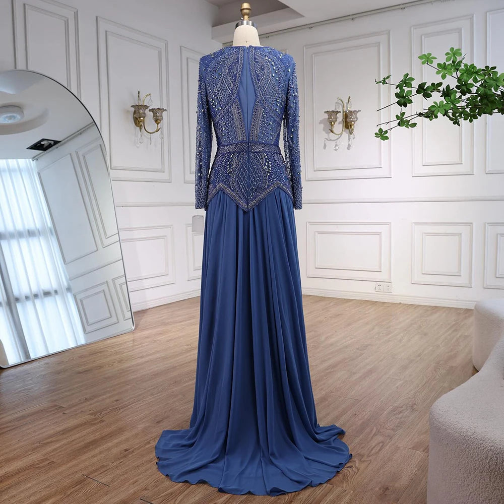 Luxury Designer Blue Beaded Evening Dress with Long Sleeves LA72962 - SERENE HILL