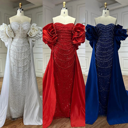 Red Long Cape Pearls Beaded Mermaid Evening Dress Gown LA72585A - SERENE HILL