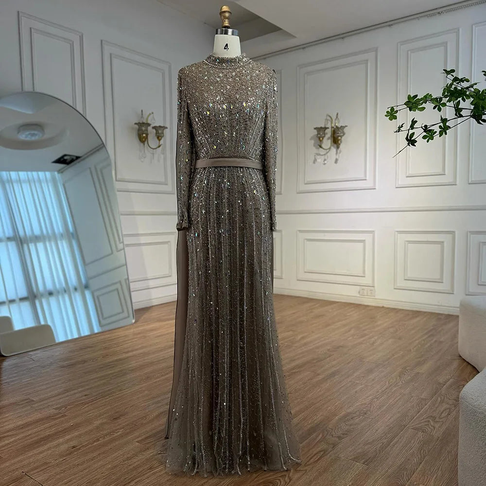 Modest Luxury Caramel Beaded Long Sleeve Evening Dress LA72569A - SERENE HILL