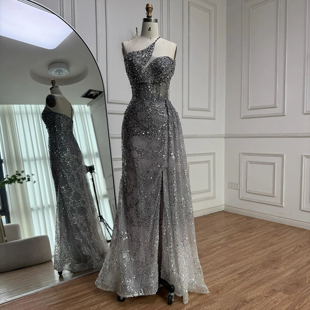 Luxury Silver Gray Crystal Beaded One Shoulder Evening Dress with Overskirt LA73160 - SERENE HILL