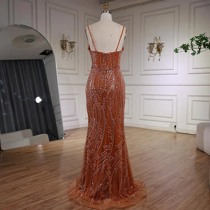 Orange Beaded Evening Dress with Slit Spaghetti Straps LA72542 - SERENE HILL