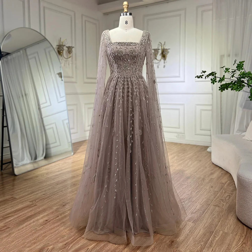 Caramel Beaded A-Line Evening Dress with Cape Sleeves LA71803A - SERENE HILL