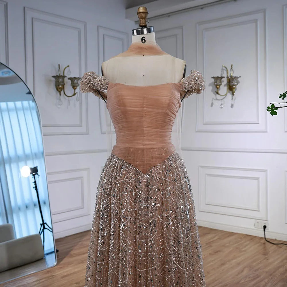 Luxury Arabic Pink Pearls Beaded Evening Dress With Cape LA72922 - SERENE HILL