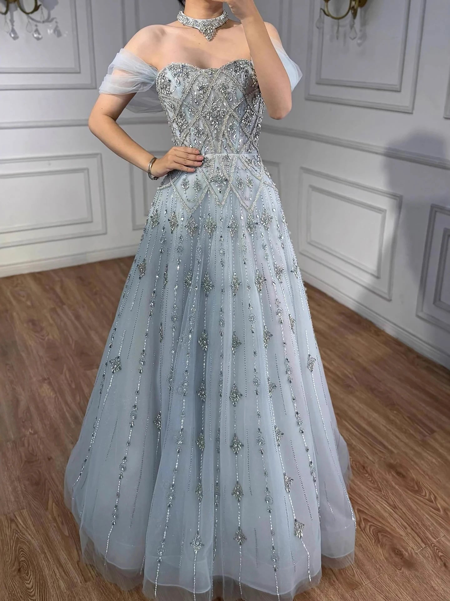 Luxury Gray Blue A-Line Dreamy Beaded Evening Dress With Necklace LA73397 - SERENE HILL