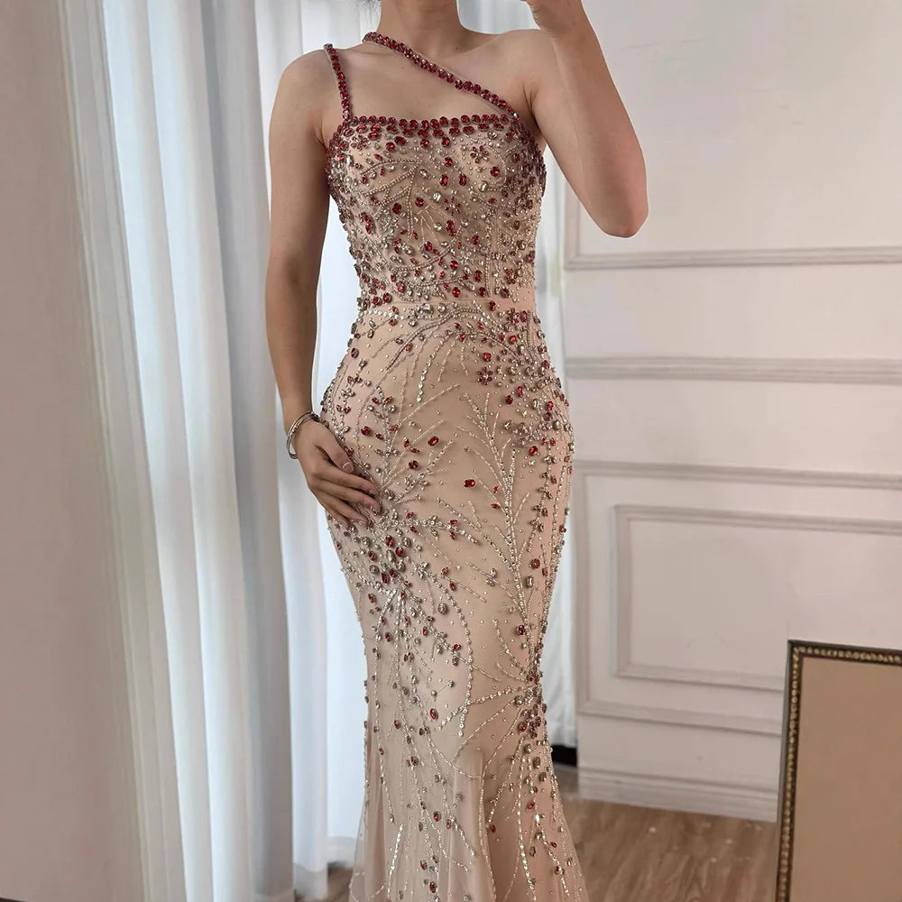 Luxury Red Saudi Arabic Crystal Beaded One Shoulder Evening Dress LA73135 - SERENE HILL