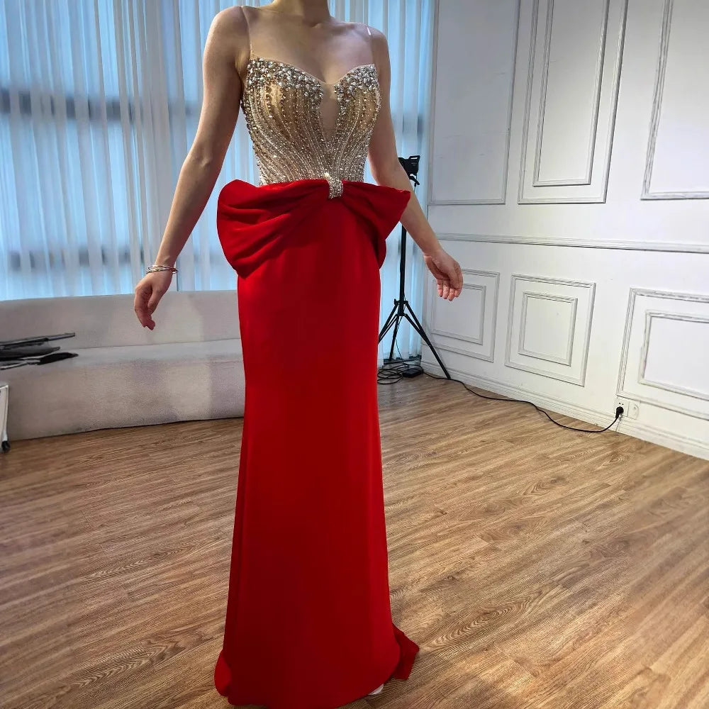 Designer Red Satin Evening Dress with Bow LA73060 - SERENE HILL