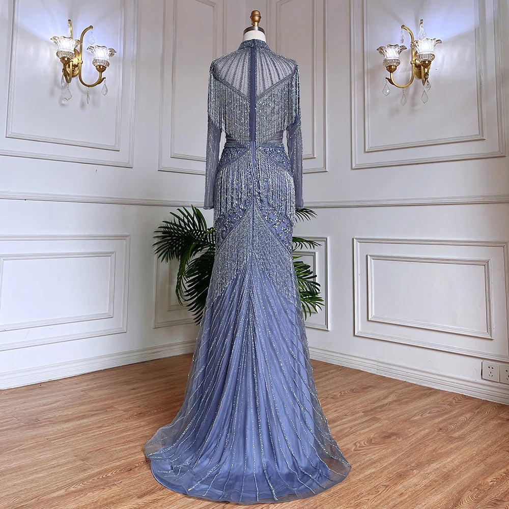 Luxury Blue Beaded Tassel Mermaid Evening Dress Dubai Style LA71986 - SERENE HILL