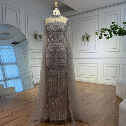 Luxury Nude Beaded Evening Dress with Long Cape Sleeves LA72714A - SERENE HILL