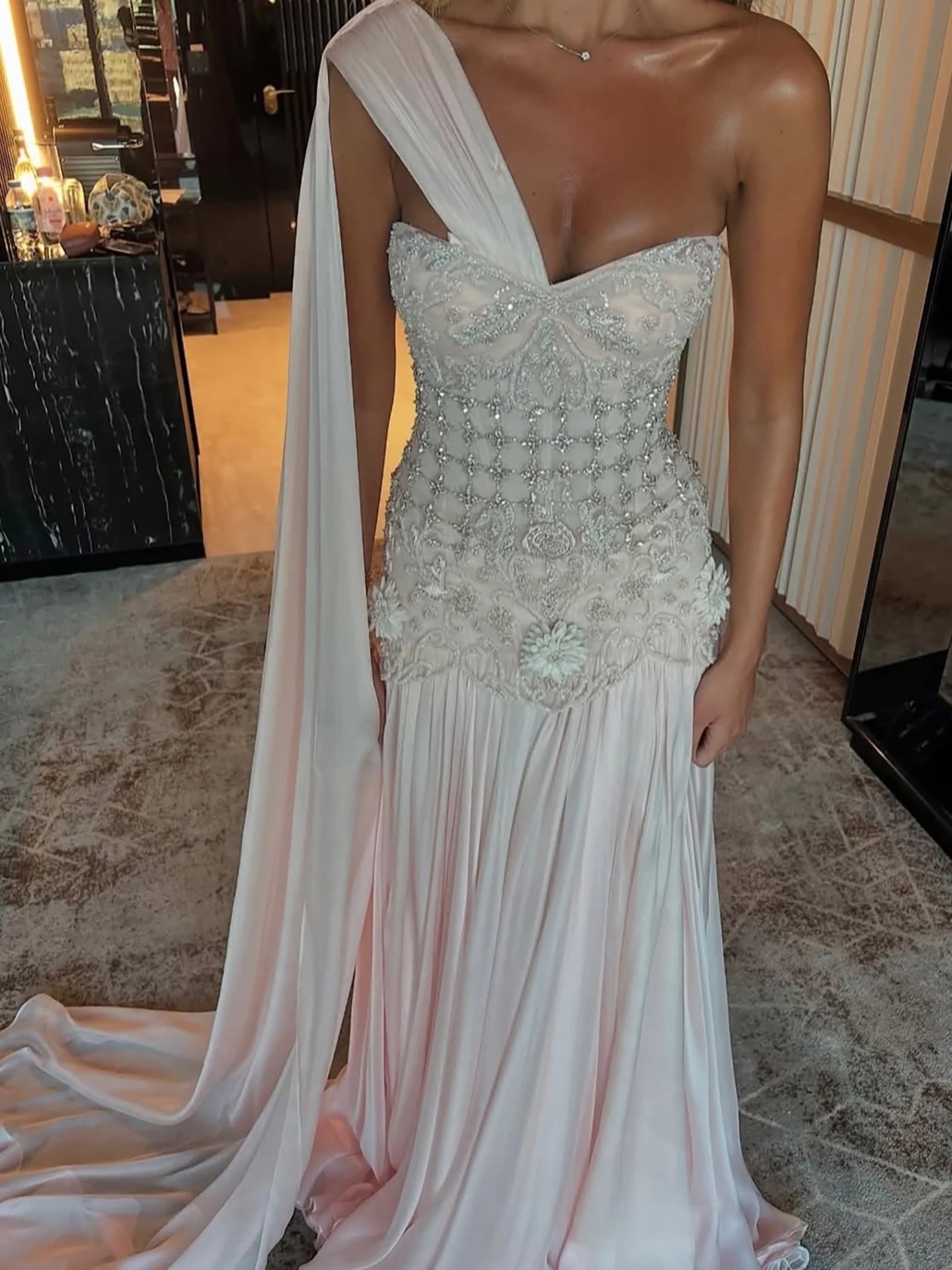 Luxury Pink Arabic Floral chiffon Evening Dress With Cape LA73451 - SERENE HILL