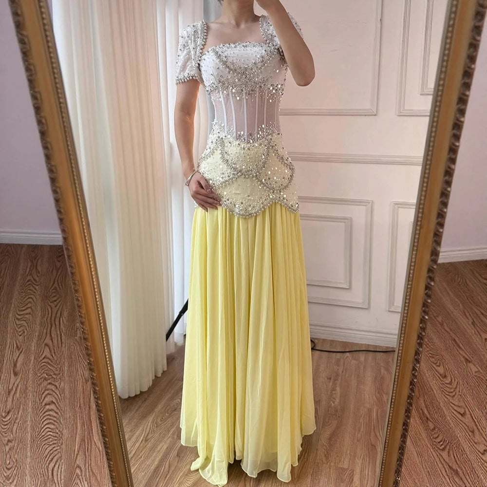 Luxury Yellow Pearls A-Line Evening Dress with Flowing Coat LA72978 - SERENE HILL