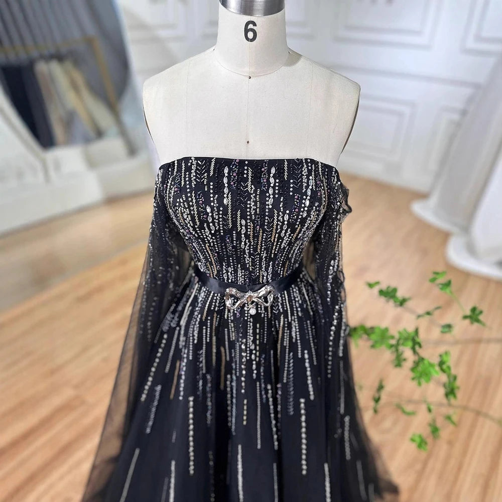 Luxury Black A Line Beaded Evening Dress with Cape Sleeves LA71824 - SERENE HILL