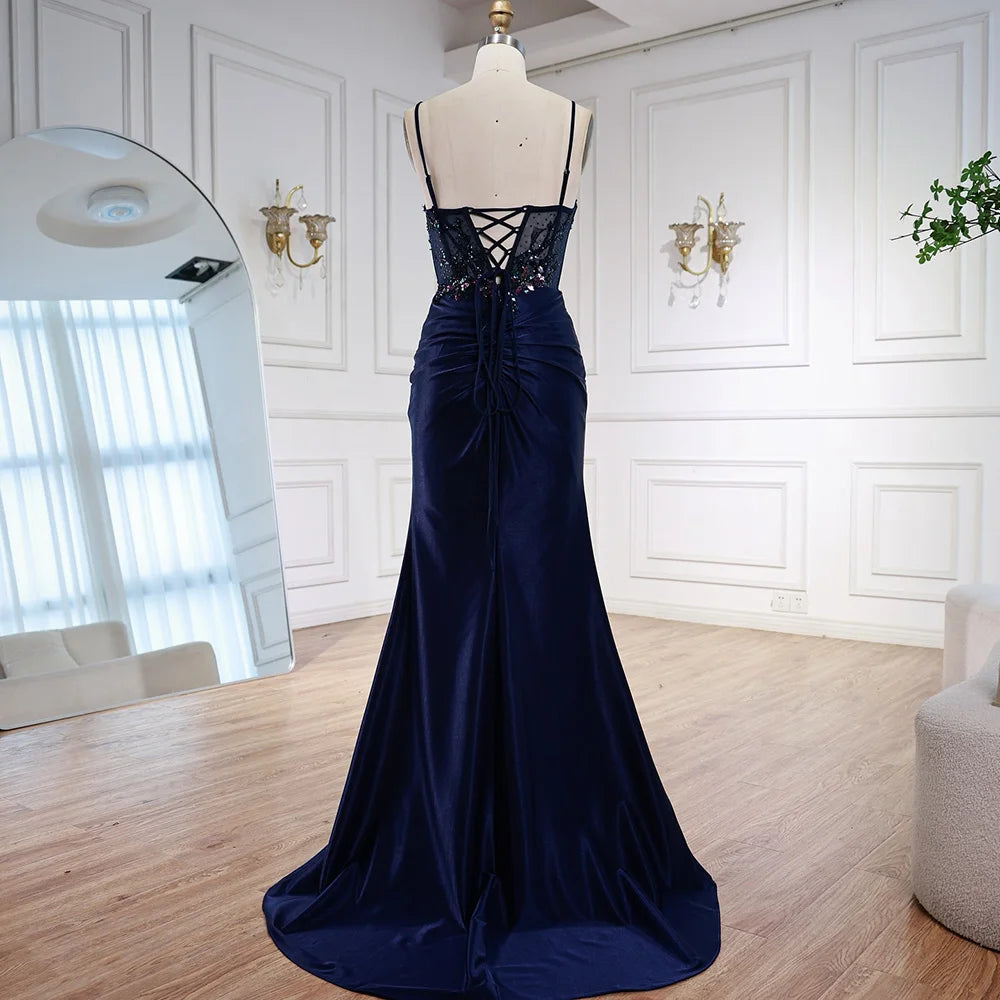 Classy Navy Satin Prom Dress with Lace Beaded and Slit LA73003 - SERENE HILL