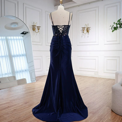 Classy Navy Satin Prom Dress with Lace Beaded and Slit LA73003 - SERENE HILL